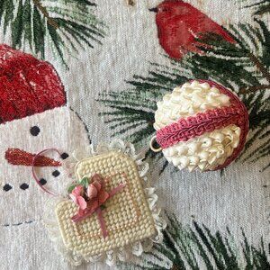 Vintage Set of 2 Handmade Pink Christmas Ornaments Needlepoint Floral Lace Push